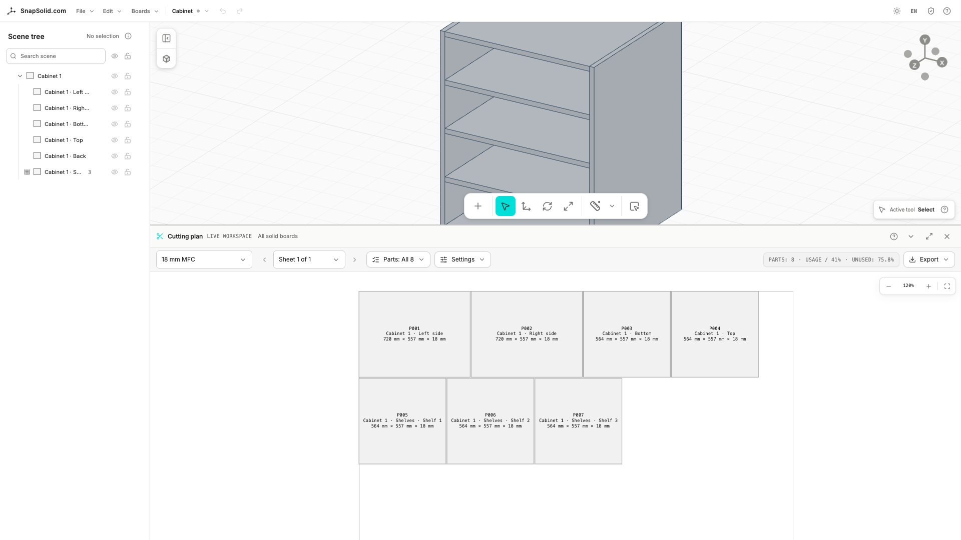SnapSolid cutting plan arranging cabinet boards on stock sheets with material and cutting settings.