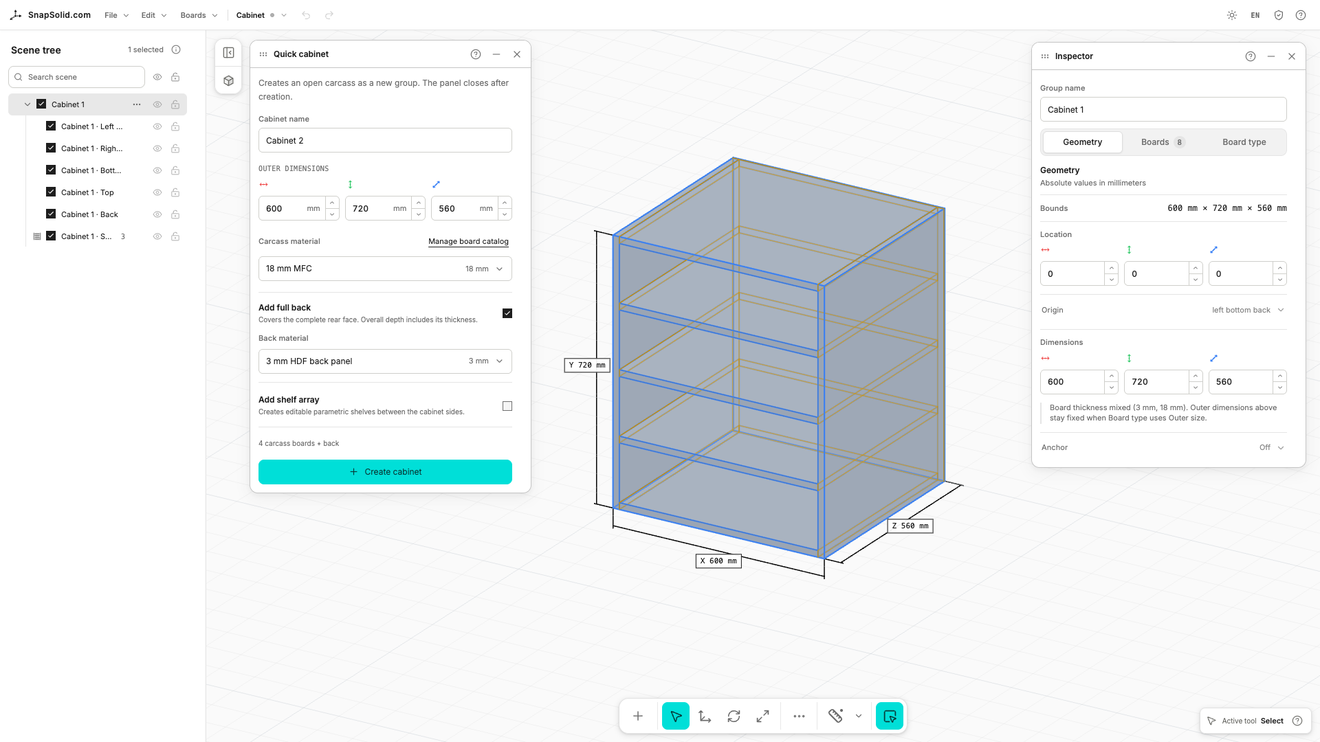 A complete cabinet assembly with its object hierarchy, measurements, dimensions, and board properties available in the same workspace.